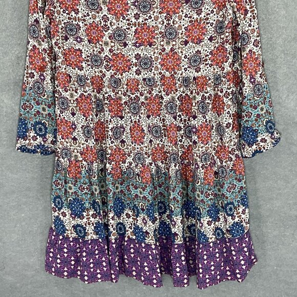 En Creme Dress Women Sz M Floral Colorful Patchwork Tiered Button Up Flowy Boho - Picture 7 of 13